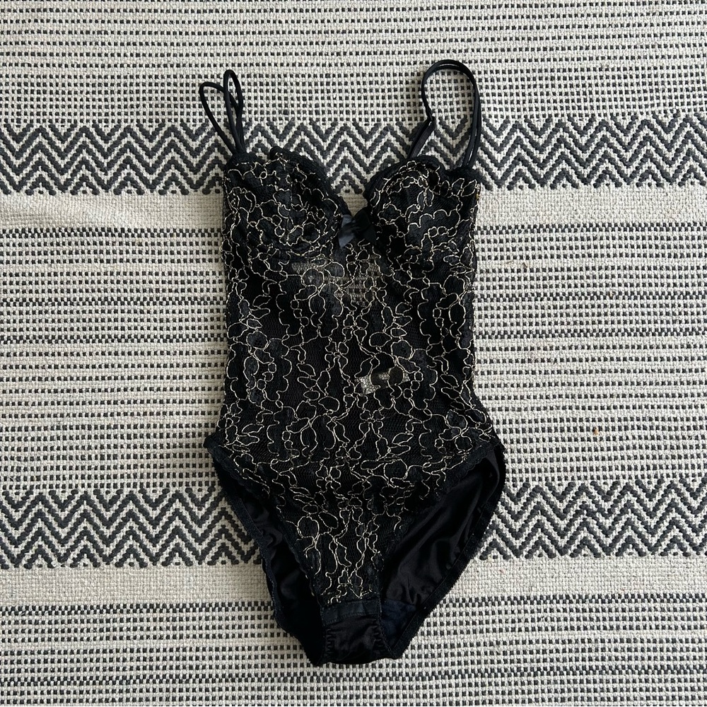Victoria's Secret Black and Gold Lace Bodysuit